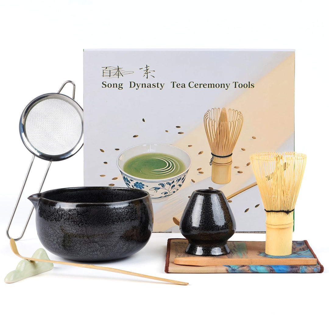 Premium Matcha Tea Set 8- piece Matcha Broom Set with Whisk, Broom Holder, Ceramic Bowl, 2 Teaspoons