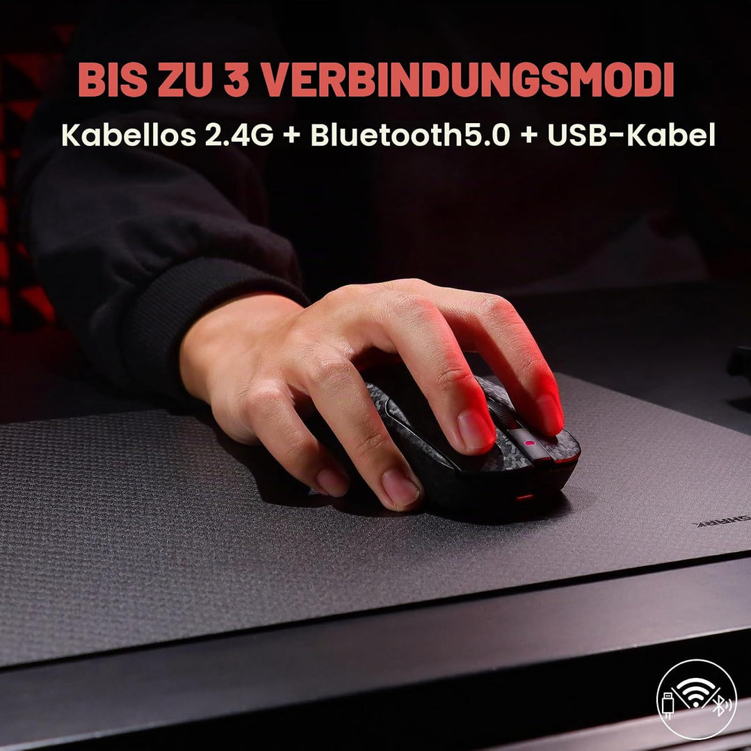 A.JAZZ AJ199 Carbonfaser-Gaming-Maus, Kabellos 2,4G/BT/USB-C Tri-Mode, Ultraleicht 55g, Optischer Pi