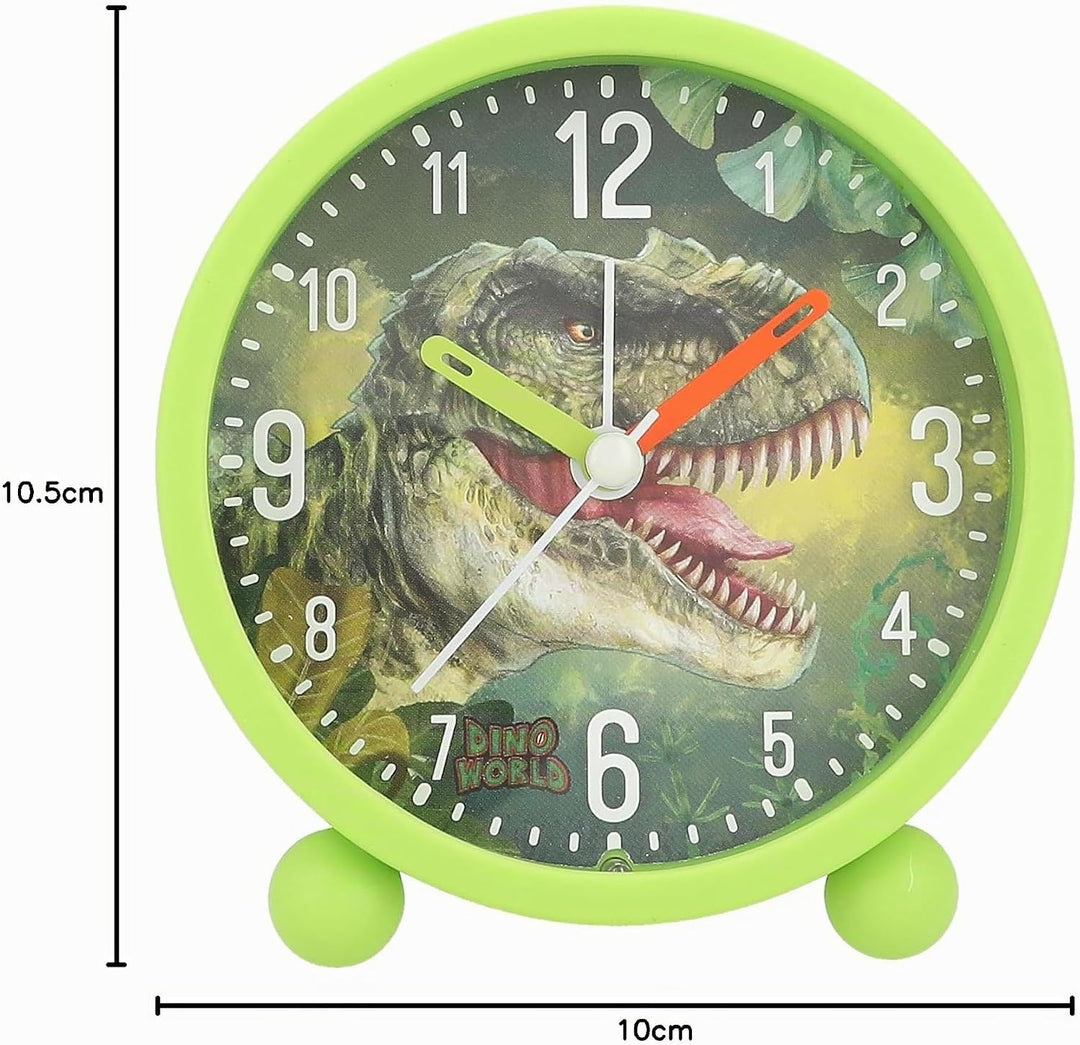 Depesche 12691 Dino World - Wecker für Kinder in Grün mit Dino-Motiv, lautlose Uhr mit Licht-Funktio
