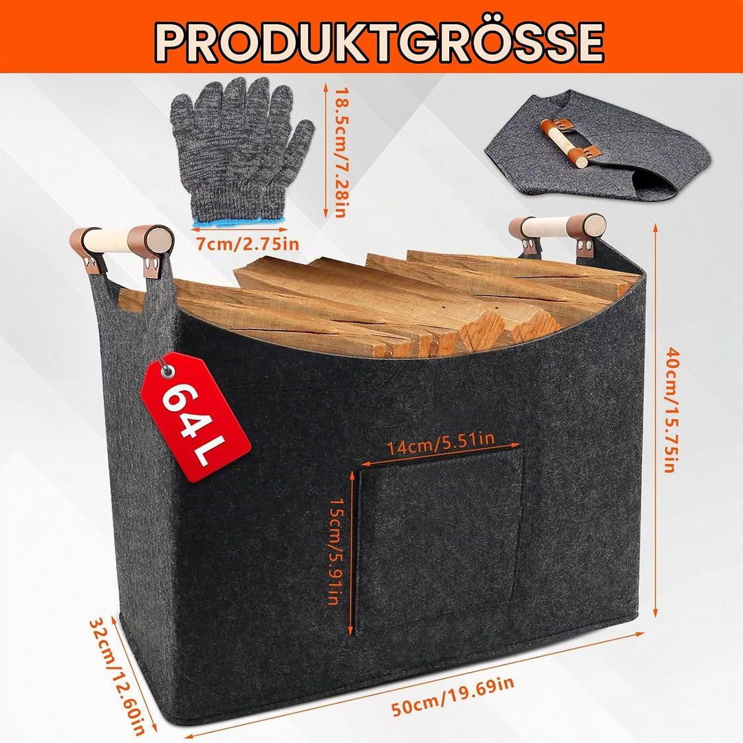 Kaminholzkorb Filz XL(64L, 50x32x40cm), Holzkorb für Kaminholz Gross, Extra Dicker Filz, Faltbarer B