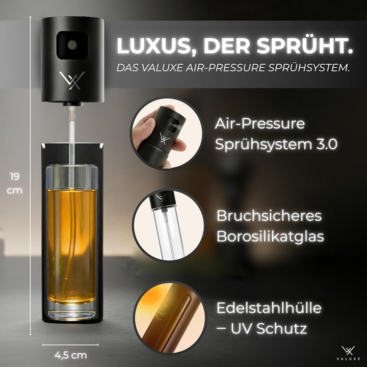 VALUXE® Ölsprüher für Speiseöl & Essig mit UV-Edelstahlmantel & Sprühfilter - Edelstahl Öl-Sprühflas