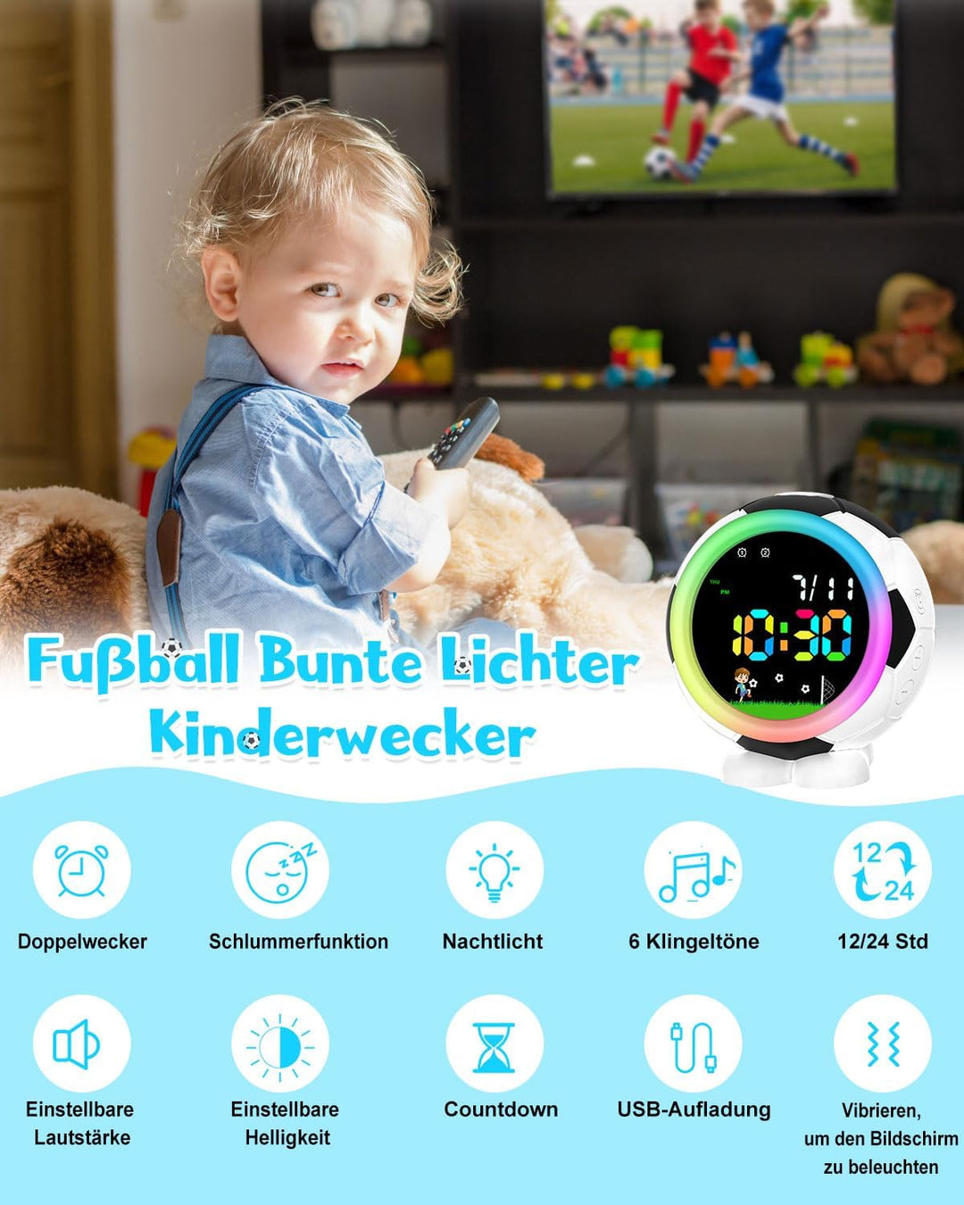 Fussball Wecker Kinder für Jungen Und Mädchen 4–15 Jahre | Digitaler Wecker mit Nachtlicht Und Schlu
