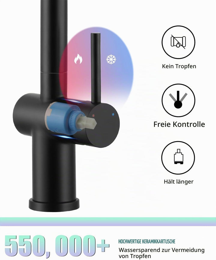 Küchenarmatur mit Brause Ausziehbar, Hochdruck Wasserhahn Küche Schwarz mit Zwei Wasserstrahlarten,