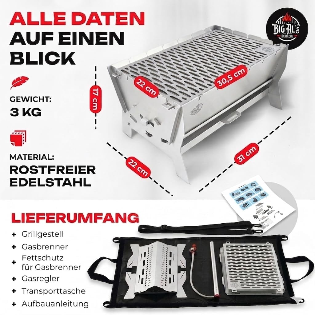 Little Bro Mobiler Steckgrill 2-in-1 Edelstahl Grill für Gas & Kohle - Inkl. Tasche (Grillmatte) & S