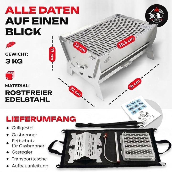 Little Bro Mobiler Steckgrill 2-in-1 Edelstahl Grill für Gas & Kohle - Inkl. Tasche (Grillmatte) & S