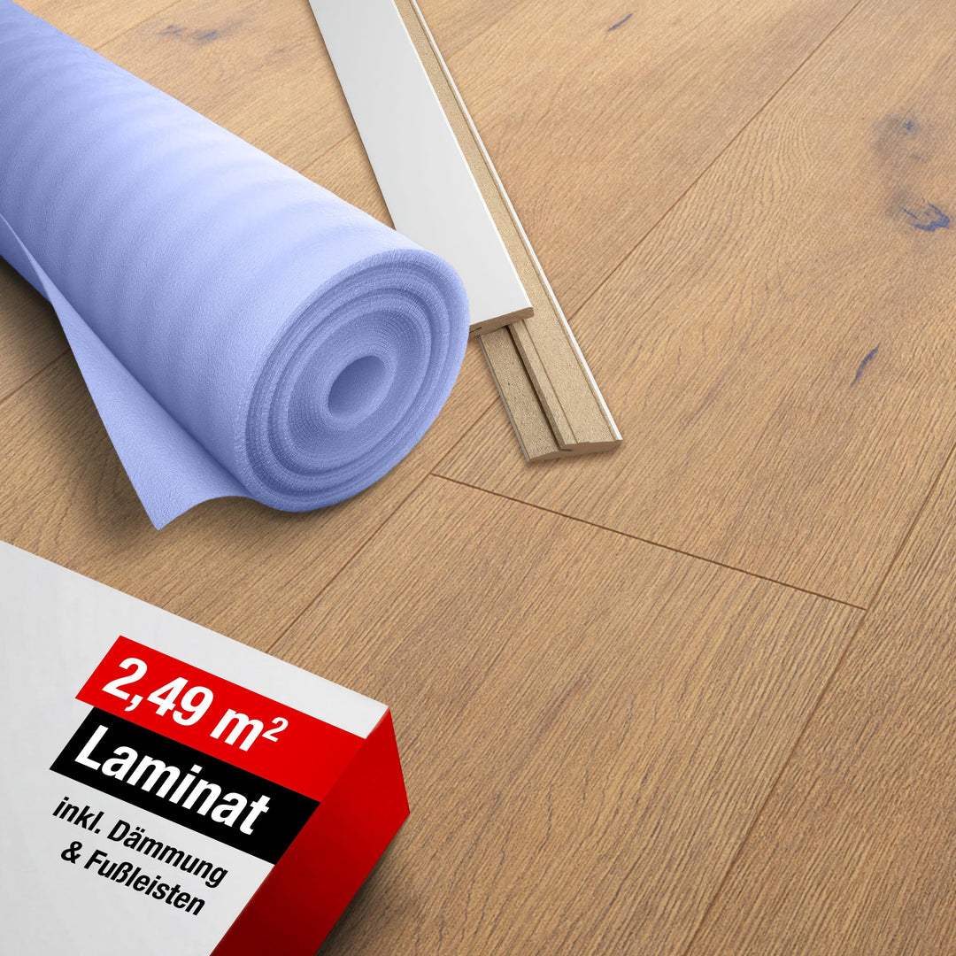 I 2,494 m² Laminat + kostenlose Trittschalldämmung &amp; Fussleiste I Maja Eiche I 7mm Holzoptik Oak I L
