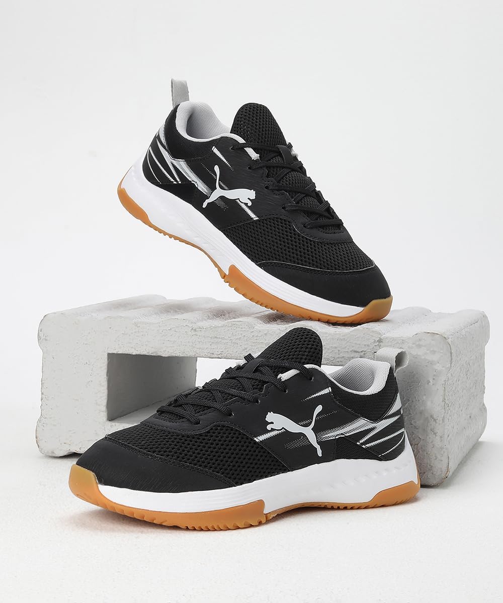 PUMA Unisex Kinder Varion Li Jr Indoor Court Shoe, Black Cool Light Gray Yellow Blaze Gum