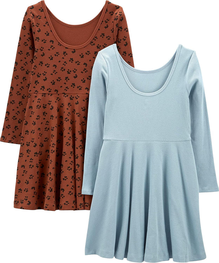 Simple Joys by Carter's Mädchen Kleid (2er Pack) 4-5 Jahre Braun Tiermuster/Staubblau, 4-5 Jahre Bra