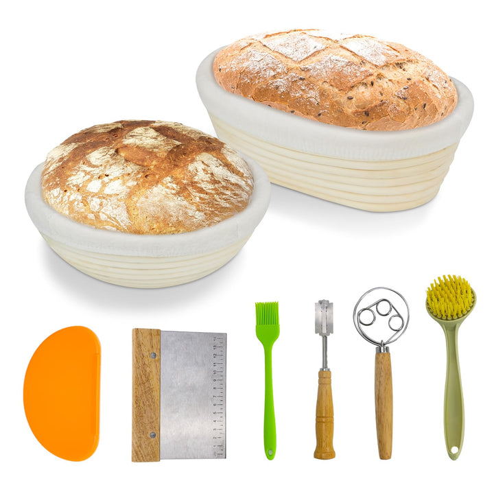 Brotgärkorb-Set, runder und ovaler Sauerteig-Gärkorb, 100 % natürliches Rattan, Brotlame, Teigbesen,