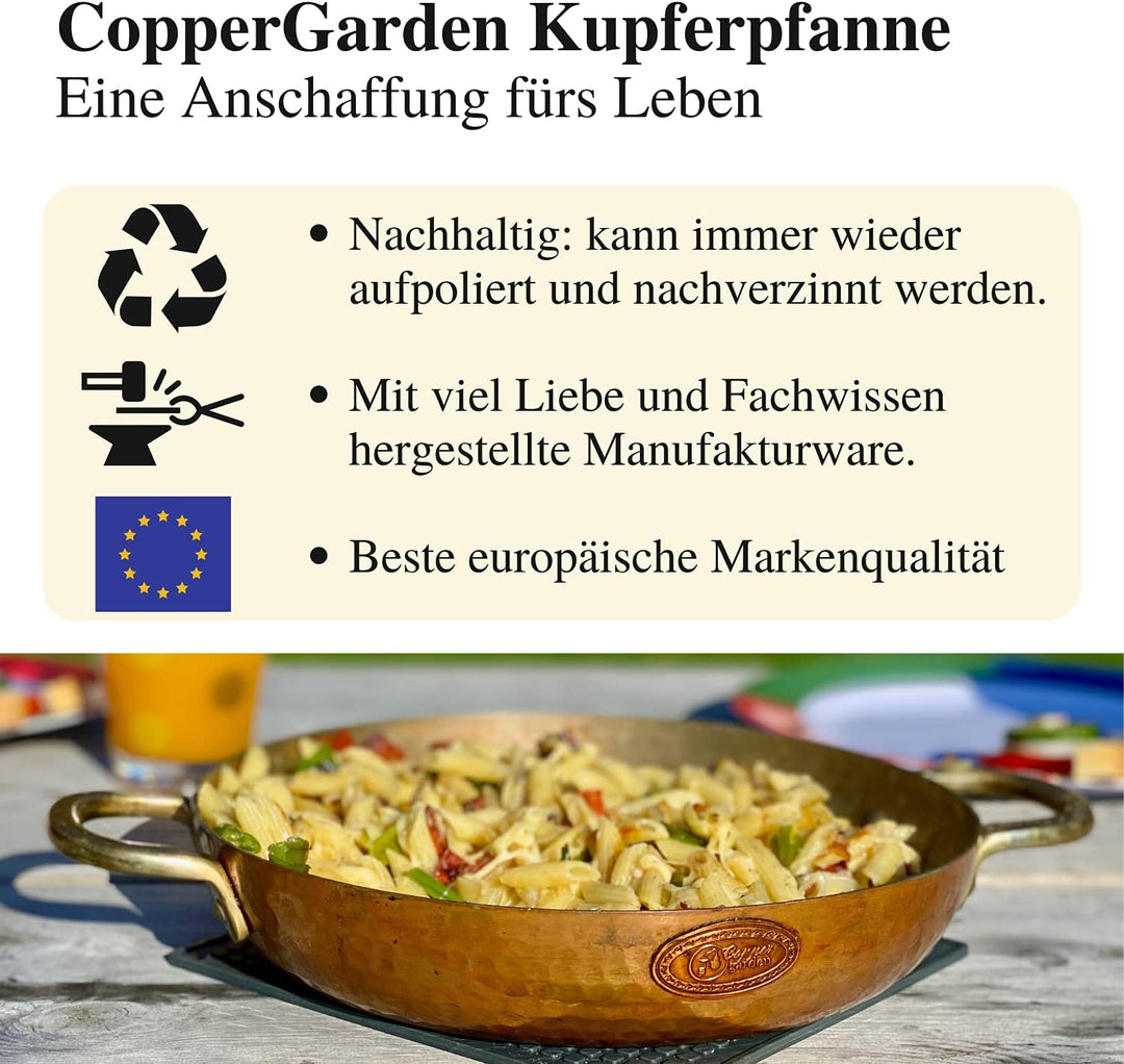 Copper Garden Kupferpfanne 28 cm mit Griffen + Deckel I Mit Zinn beschichtete Pfanne aus Kupfer zur