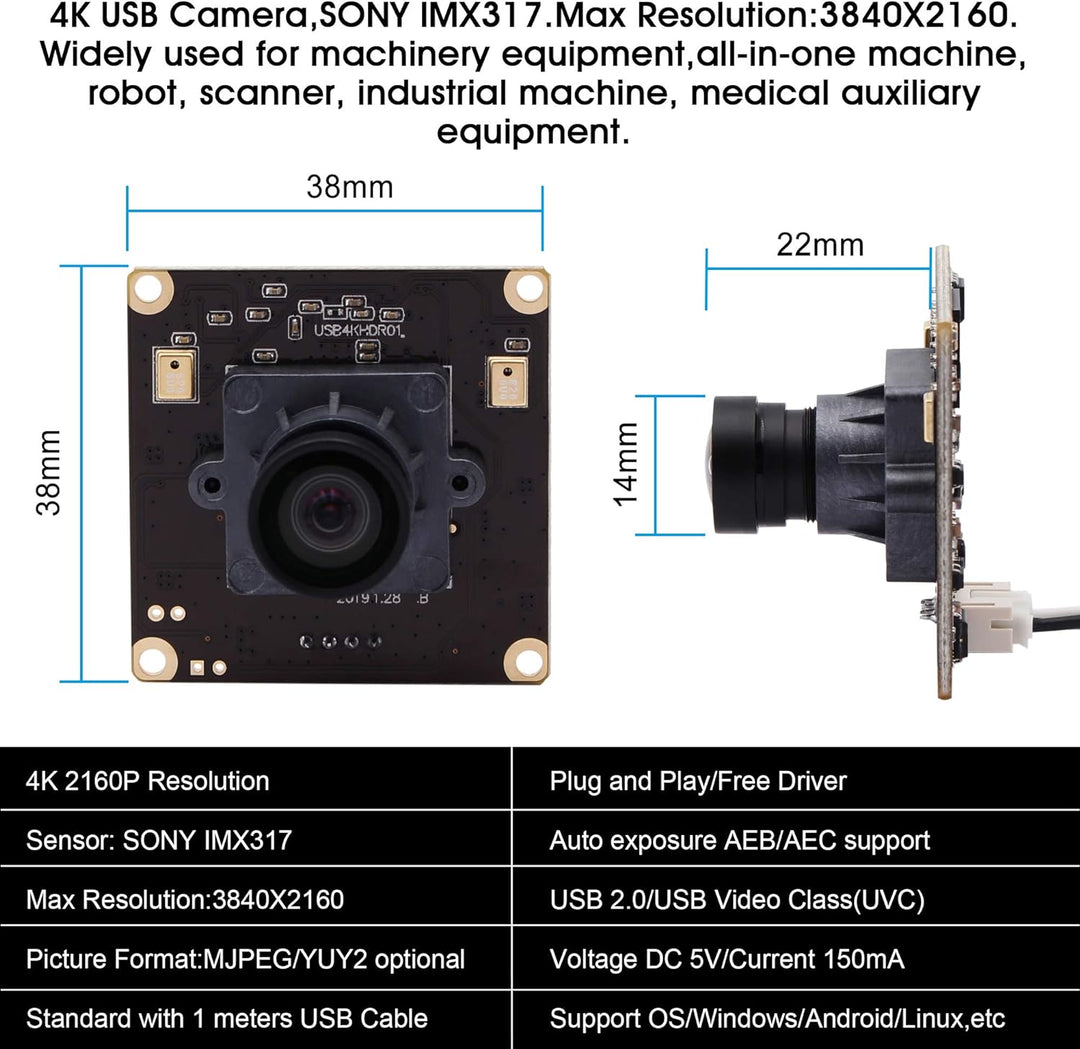 G 4K USB Kameramodul 2160p Webcam modul,Weitwinkel UHD 30fps Webkamera modul,100grad verzerrungsfrei