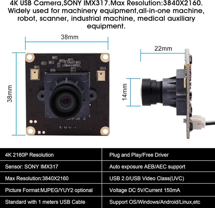 G 4K USB Kameramodul 2160p Webcam modul,Weitwinkel UHD 30fps Webkamera modul,100grad verzerrungsfrei