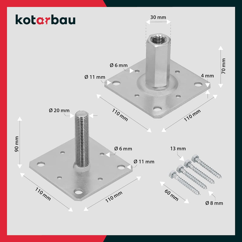 KOTARBAU® 4er Set Pfostenträger 110 x 110 mm Höhenverstelbar 90 – 150 mm Pfostenschuh Galvanisch Ver