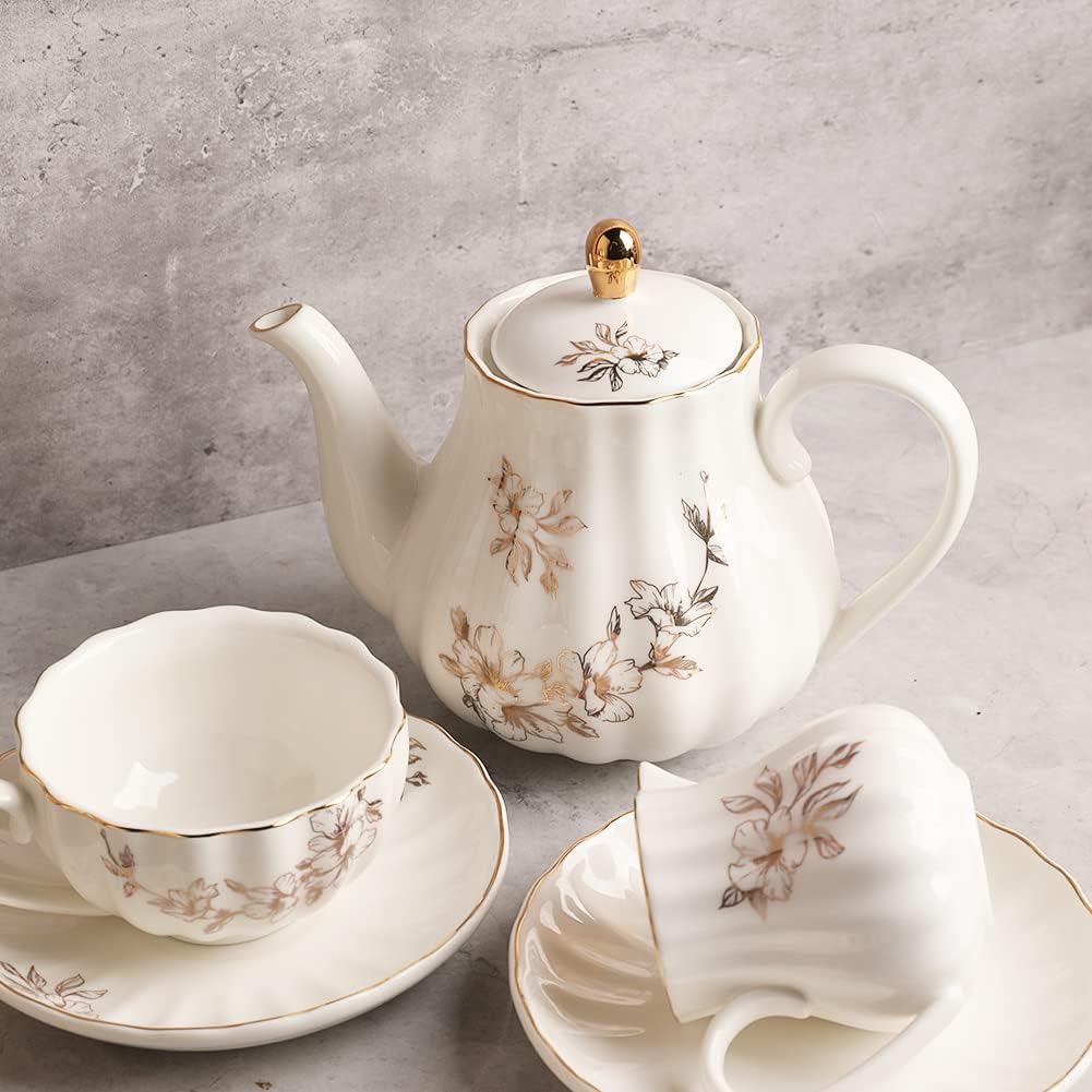 Sweejar Home 22 Stück Europäischen Stil Tee Service, Teetasse und Untertasse Set, Keramik Kaffeeset,