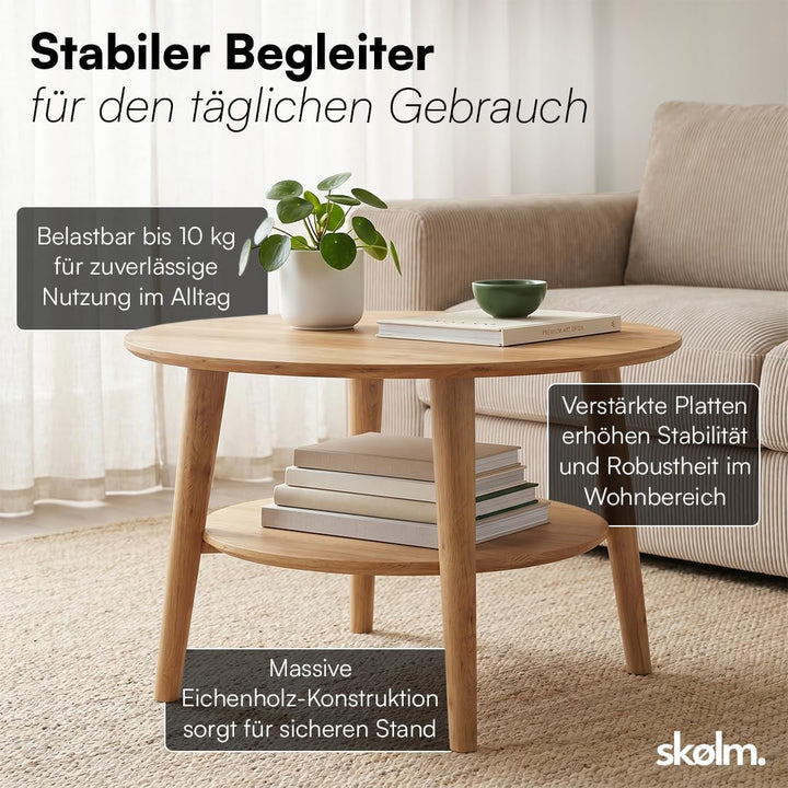 skølm Couchtisch rund Mjölnir, Wohnzimmertisch aus Eiche Massivholz, Beistelltisch für Wohnzimmer Du