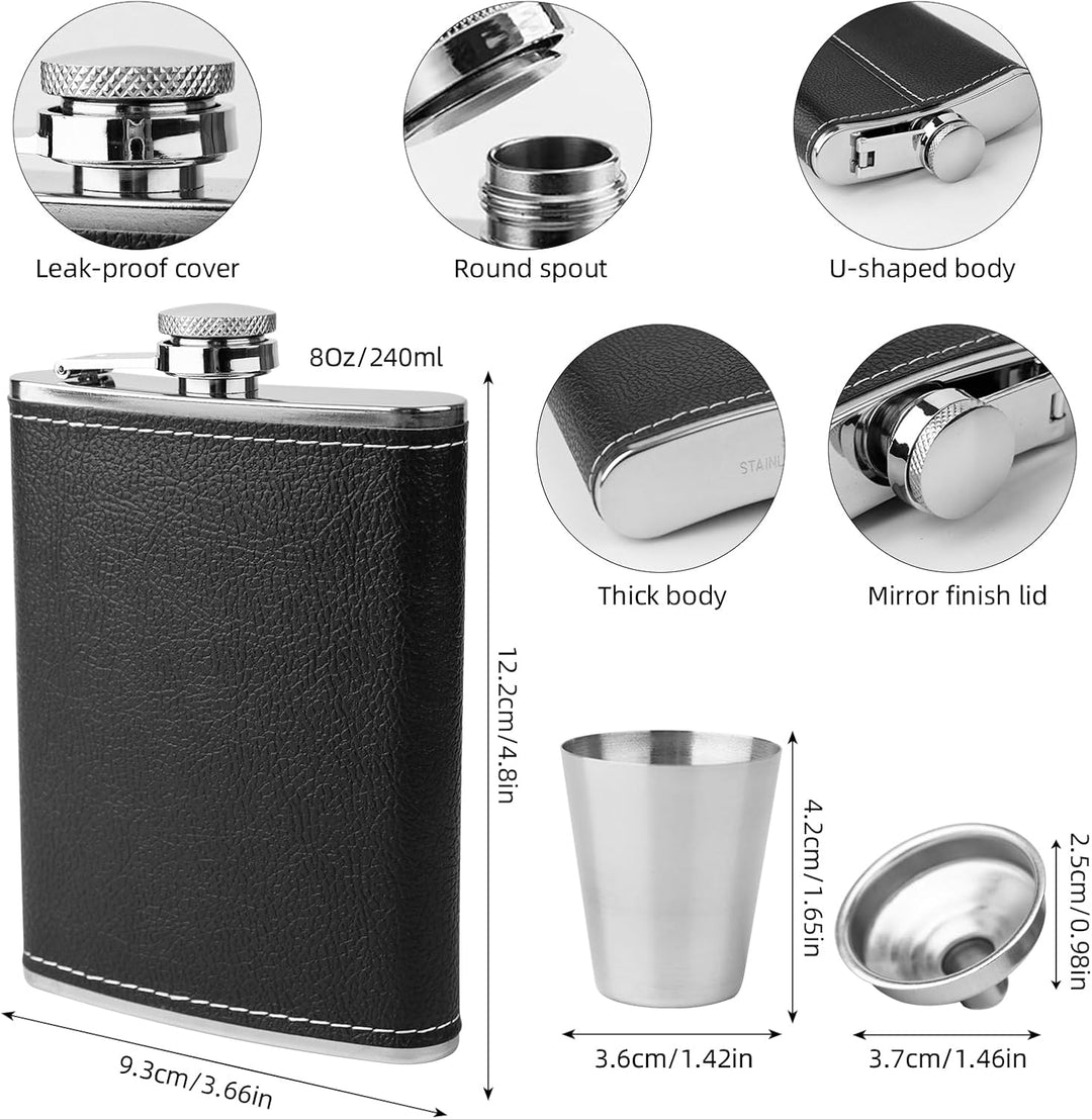 FRUHLING Edelstahl Flachmann Geschenkset 8oz/240ml Flachmann Leder Schwarz mit Trichter und 2 Becher