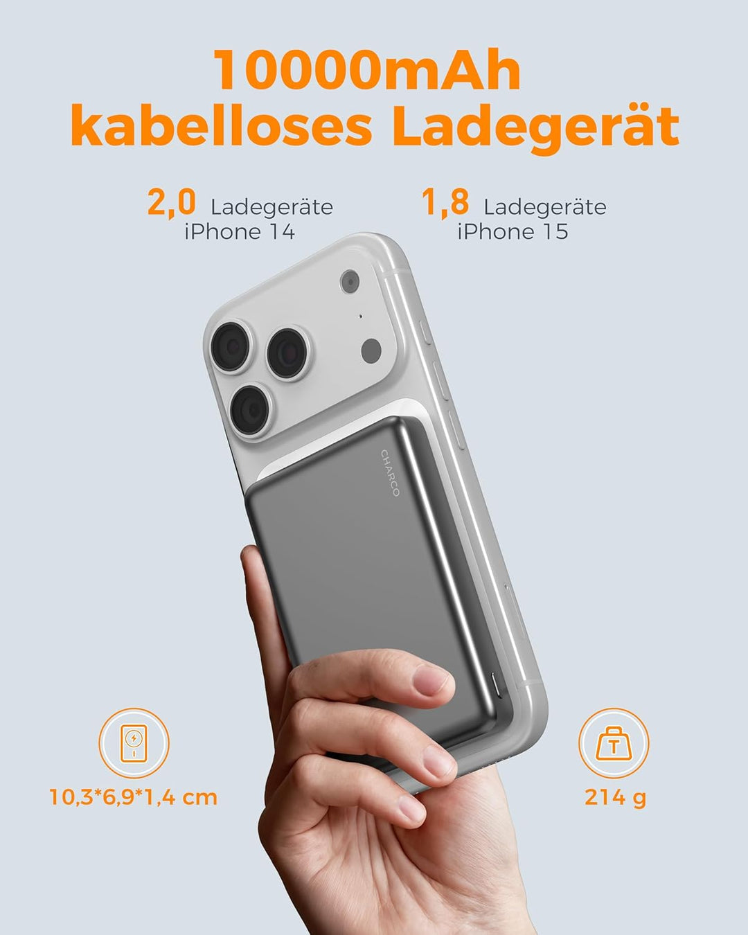 CHARCO Wireless Powerbank 10000mAh Magnetische Power Bank mit 20W USB-C Schnellladen (IN/Out), kabel