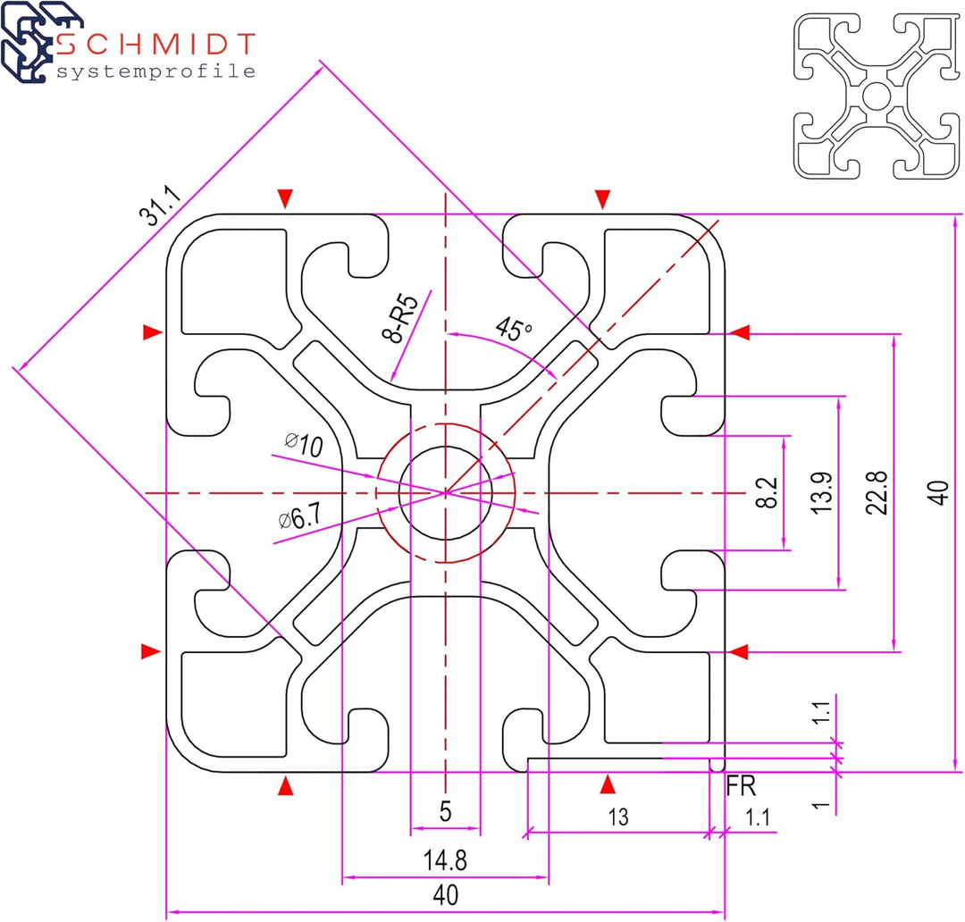 SCHMIDT systemprofile Längenanschlag C 2m Aluminium-Profil Säge-Anschlag 1m-1m Mitte Massband Stahl