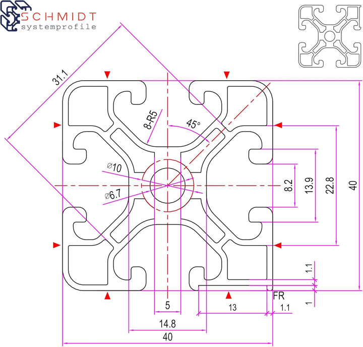 SCHMIDT systemprofile Längenanschlag C 2m Aluminium-Profil Säge-Anschlag 1m-1m Mitte Massband Stahl