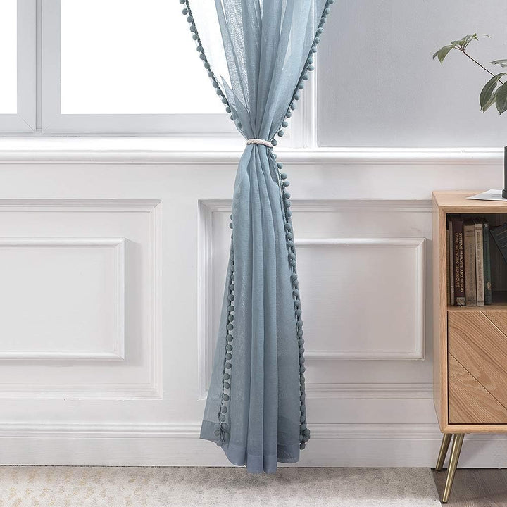 MIULEE Vorhänge mit Pompons-Niedlich Blau Gardinen 2-Set für Kinderzimmer, Transparent Gardinen mit