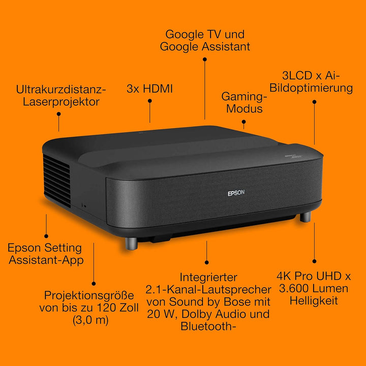 Epson Lifestudio Grand EH-LS670B, Smart-Laserprojektor, 4K PRO-UHD, Ultrakurzdistanz, Sound by Bose,