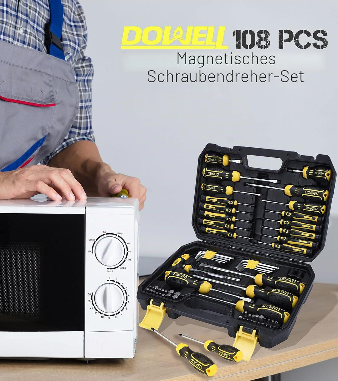DOWELL Magnetischer Schraubendreher Set Schlitz/Phillips/Torx 108-teilig Stubby Schraubendreher Mini