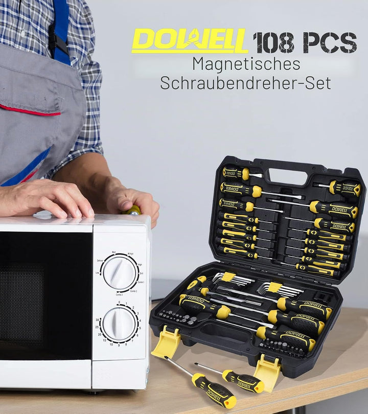 DOWELL Magnetischer Schraubendreher Set Schlitz/Phillips/Torx 108-teilig Stubby Schraubendreher Mini
