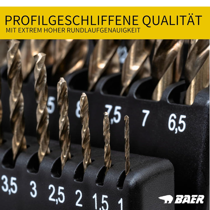 BaerCoil BAER Bohrer Set 25 tlg. - 1–13 mm HSSE in 0,5 mm Schritten - Edelstahlbohrer - 5% Cobalt Sc