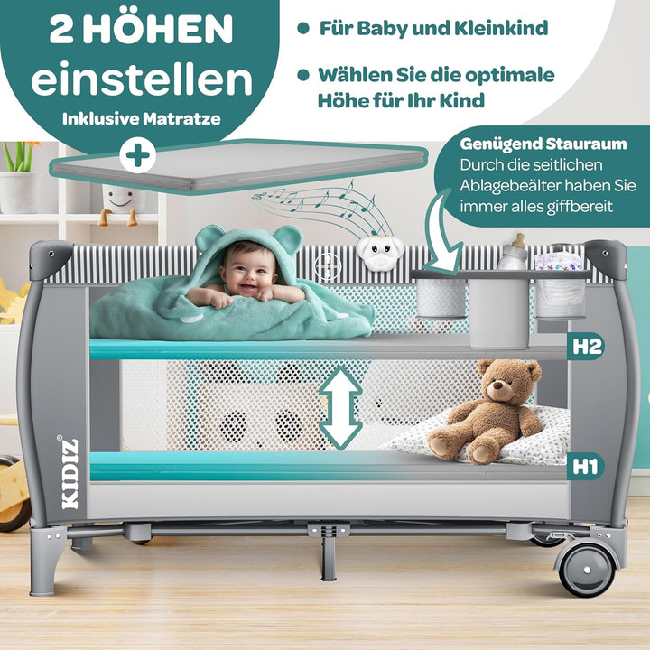 Kidiz® Babybett Reisebett Kinderreisebett klappbar mit Matratze & Räder 120x60, Seiteneingang, Wicke