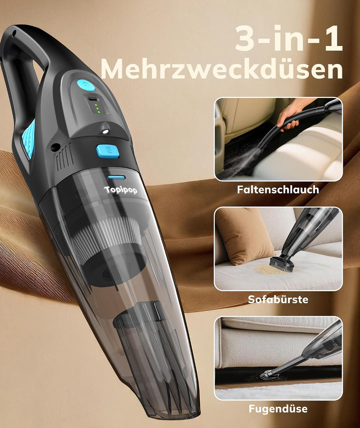 Topipop Handstaubsauger Akku Kabelloser Staubsauger Schwarz | 25000Pa Starke Saugkraft mit HEPA-Filt