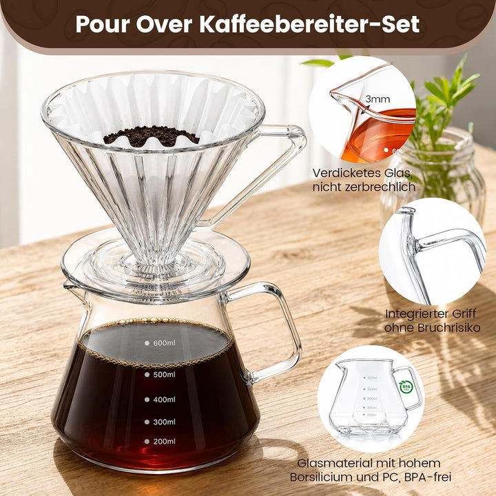 Pour Over Kaffeebereiter, 600ml Borosilikatglas-Karaffe | mit Glasdeckel, Übergiess-Kaffeetropfer fü