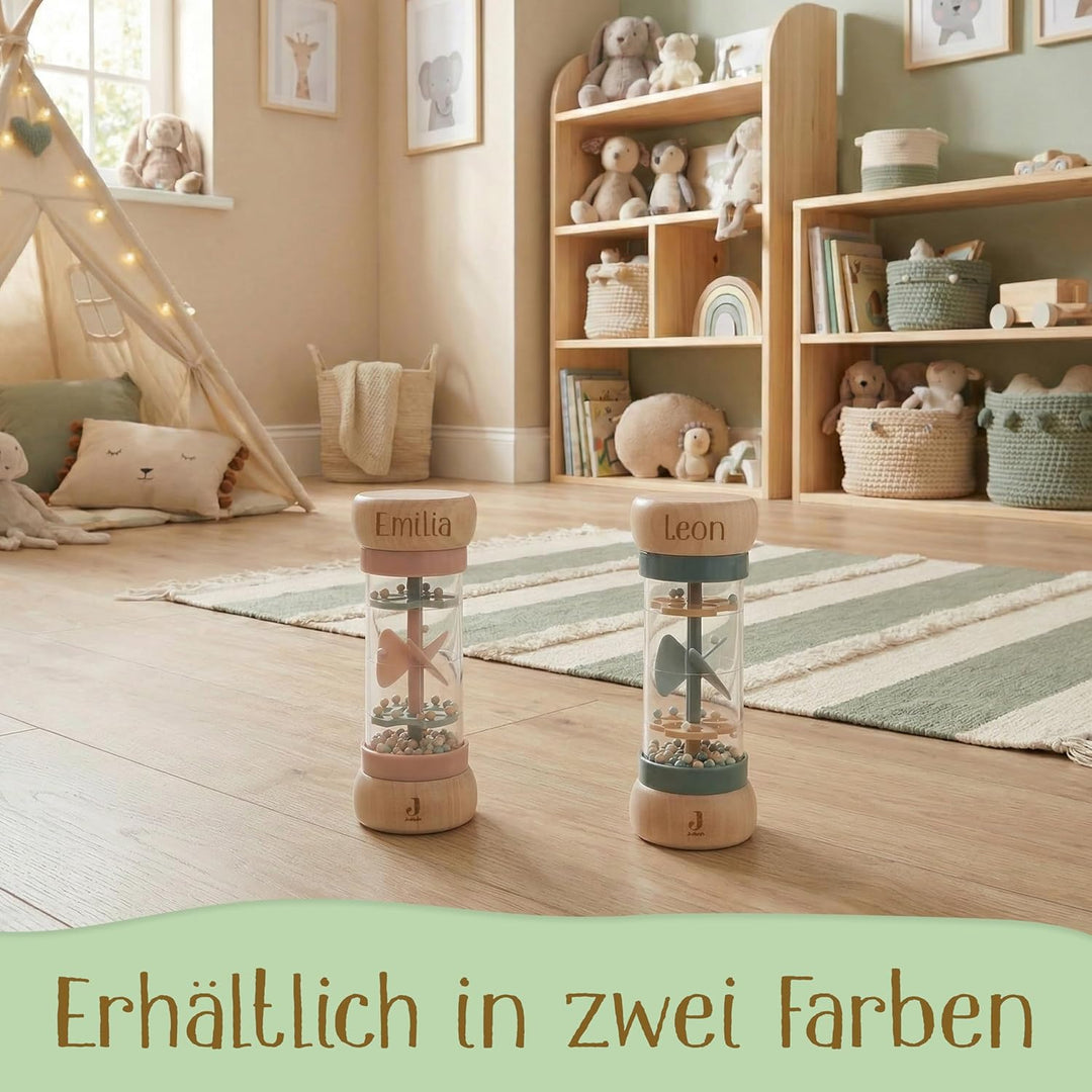 Regenmacher personalisiert mit Name – FSC Holz Baby Rassel ab 3 Monate – Geschenk zur Geburt, Taufe,