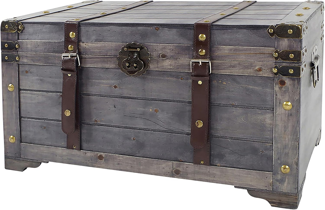 Kobolo Truhe KUBA im Schatzkistendesign aus Holz mit Metall- und Kunstlederapplikationen grau 70x35x