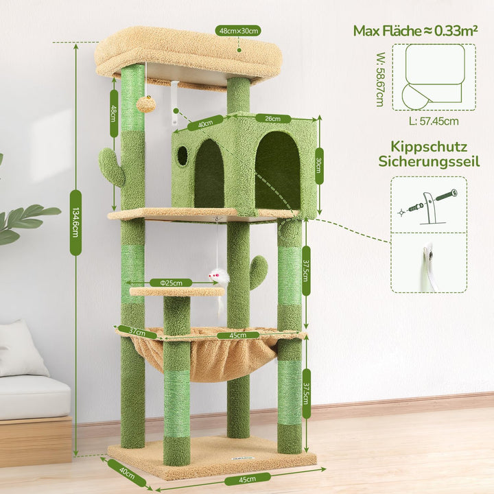 Globlazer Kratzbaum Grün Kaktus mit Extragrosse Hängematte 45 * 40cm, Grosse Katzenhaus, Gepolsterte