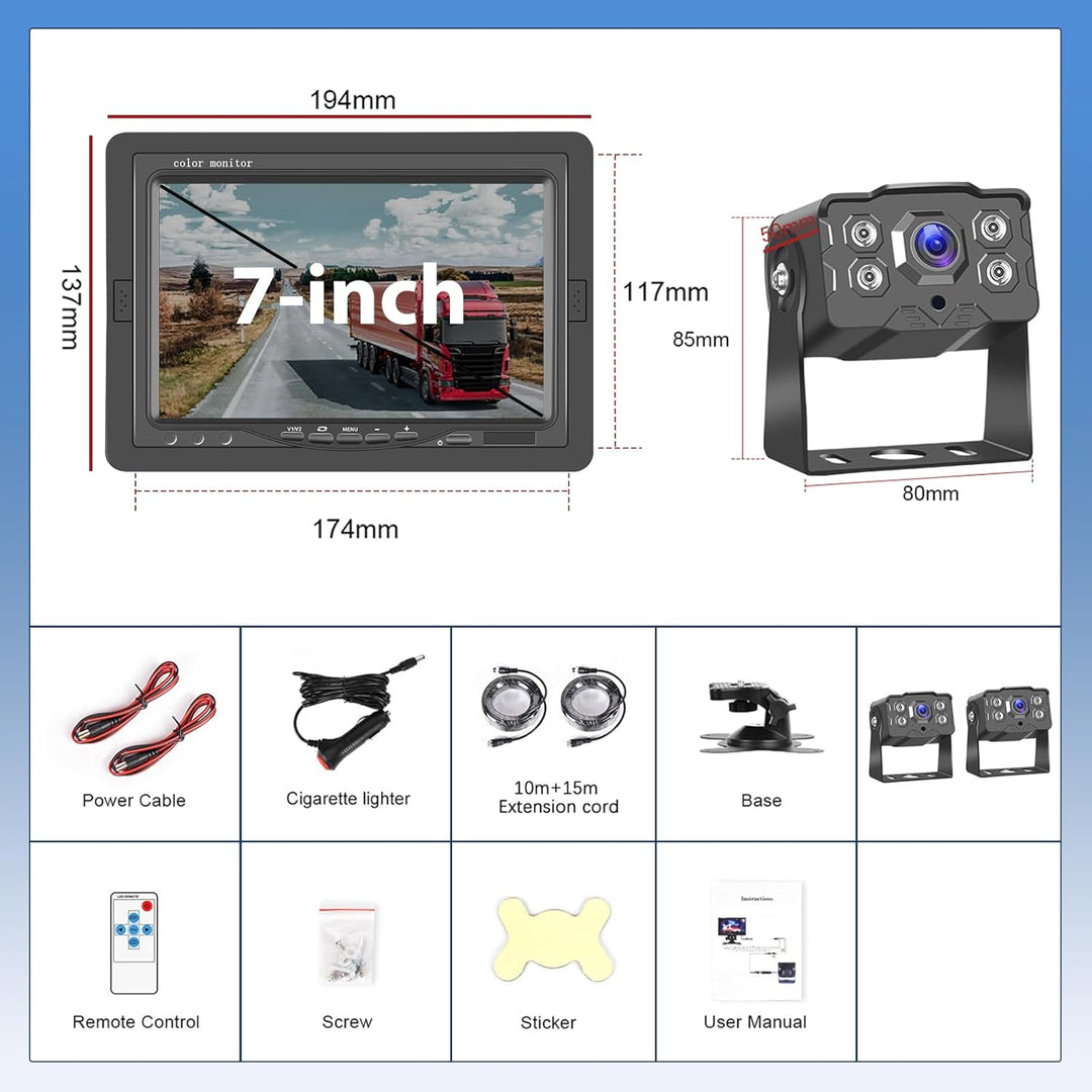 Hodozzy Rückfahrkamera 2 Kameras 7 Zoll IPS Monitor AHD Kamera Wasserdicht, Nachtsicht Frontkamera R