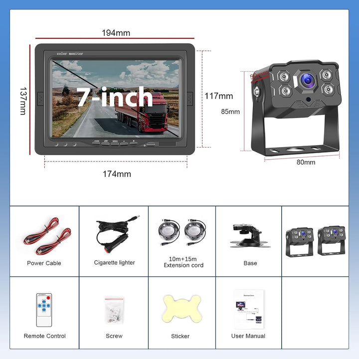Hodozzy Rückfahrkamera 2 Kameras 7 Zoll IPS Monitor AHD Kamera Wasserdicht, Nachtsicht Frontkamera R