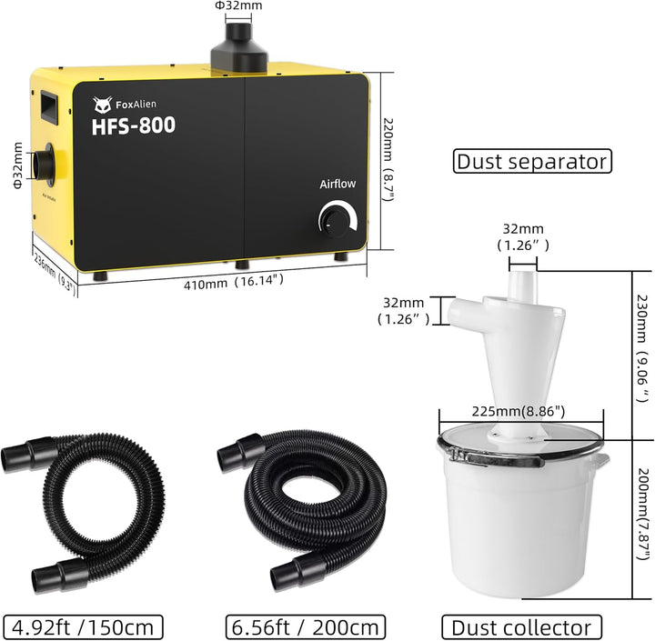 FoxAlien 800 W Desktop-Staubsammler HFS-800 mit Staubabscheider für CNC-Schneiden, Holzbearbeitung,