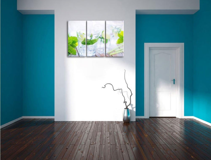 Pixxprint Mojito-Gläser mit Minze / 3-Teilig/Gesamtmass 120cm Leinwandbild bespannt auf Holzrahmen/W