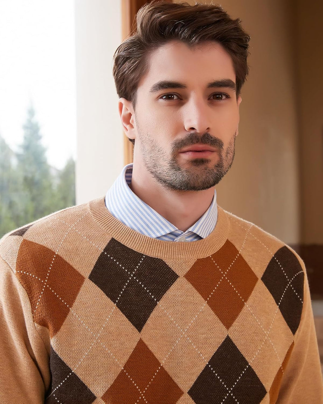 Kallspin Herren Wollmischung Strickpullover Argyle Rundhalsausschnitt Pullover Sweater 3XL Tall Khak