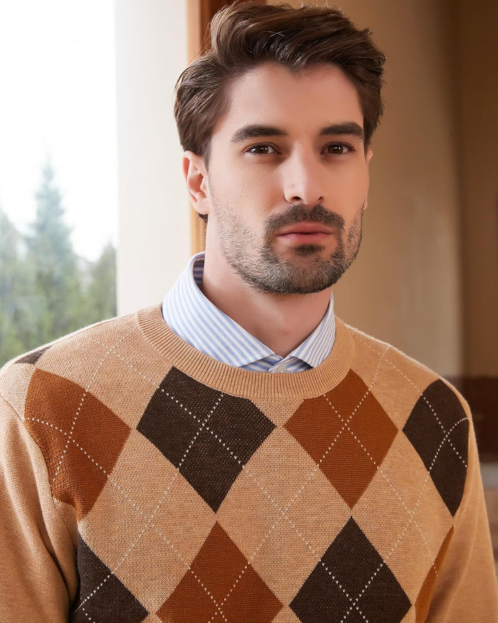 Kallspin Herren Wollmischung Strickpullover Argyle Rundhalsausschnitt Pullover Sweater 3XL Tall Khak