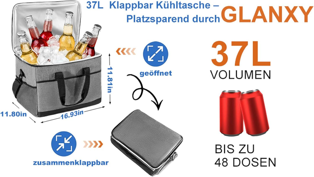 Kühltasche Gross 37L | GLANXY Kühlbox Faltbar Gross, Eistasche, Thermotasche | Picknicktasche | Lunc