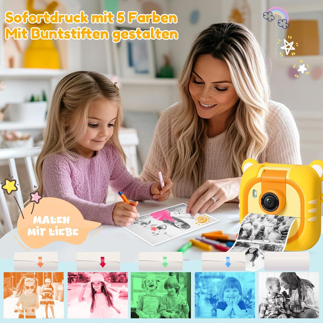 Sofortbildkamera Kinder,7 Druckpapier (4x Farbe: Orange/Rot/Grün/Blau + 3x SW), 2,4" Kinderkamera mi