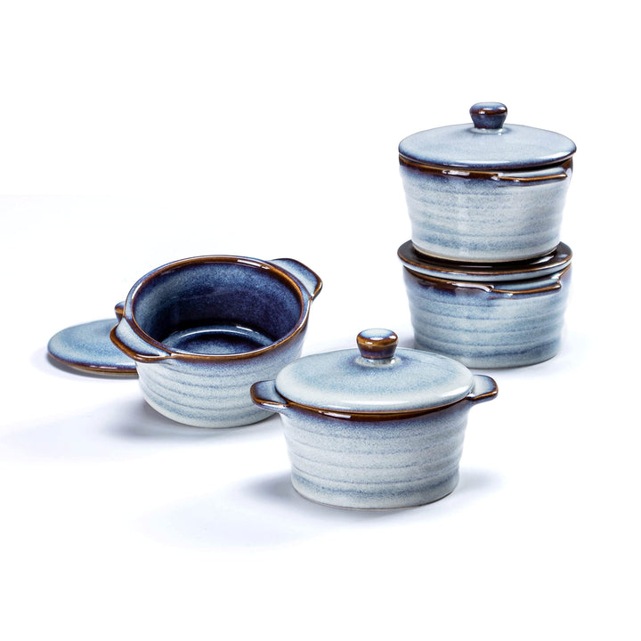 Mini Cocotte Porzellan, Keramik Auflaufform mit Deckel Ofenfest 4 Stück - 230 ml, Creme Brulee Schäl