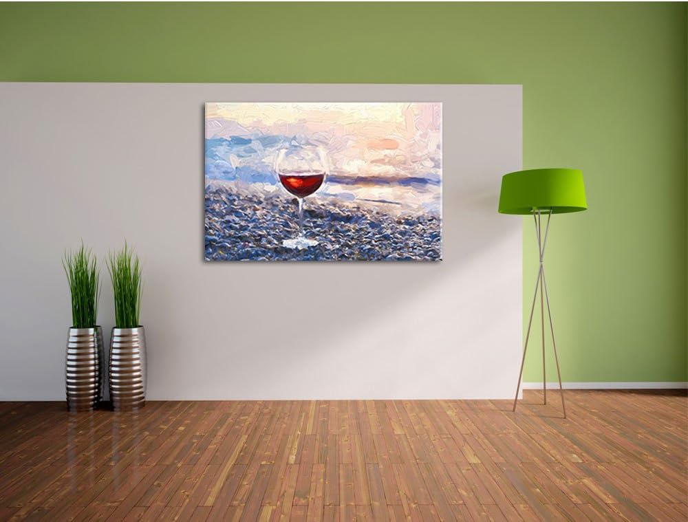 Pixxprint Weinglas am Strand / 100x70cm Leinwandbild bespannt auf Holzrahmen/Wandbild Kunstdruck Dek
