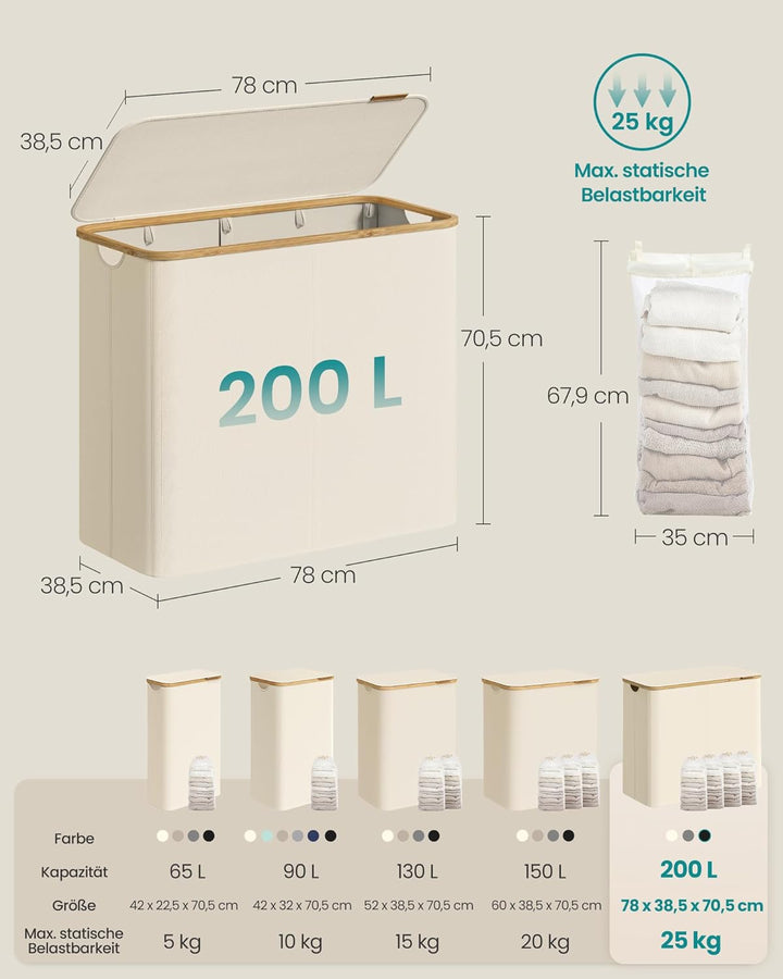 SONGMICS Wäschekorb mit Deckel, Wäschesammler mit 4 Fächern, 200 L, herausnehmbarer Wäschesack, Oxfo