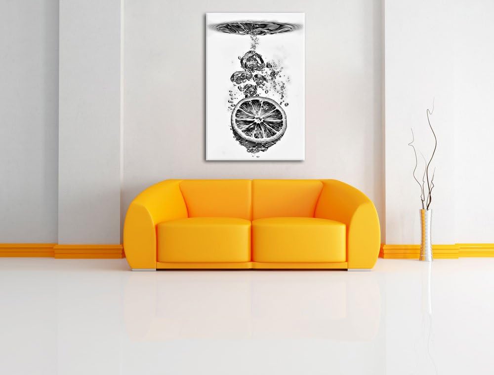 Pixxprint Monocrome, Zitrone im Wasserregen, Format: 100x70 auf Leinwand, riesige Bilder fertig gera