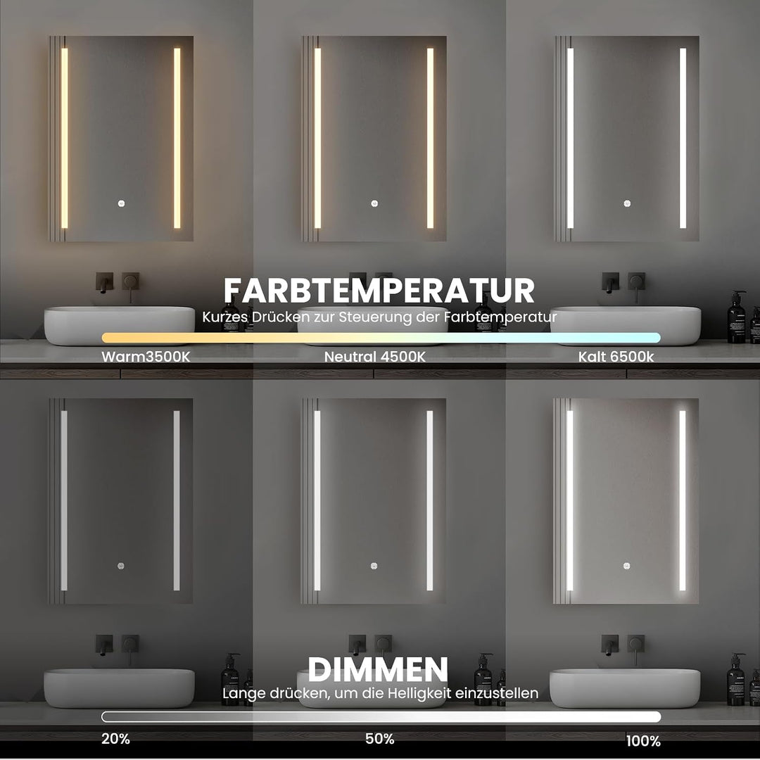 50x70 cm LED Badspiegel mit Beleuchtung Badezimmermit Touch-Schalter, 3 Lichtfarben, Badezimmerspieg
