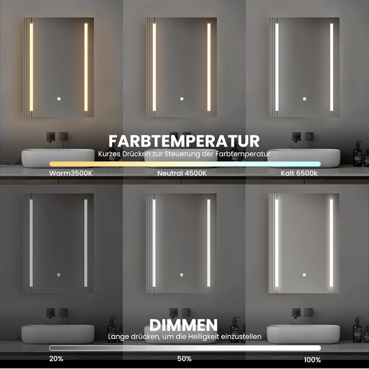 50x70 cm LED Badspiegel mit Beleuchtung Badezimmermit Touch-Schalter, 3 Lichtfarben, Badezimmerspieg