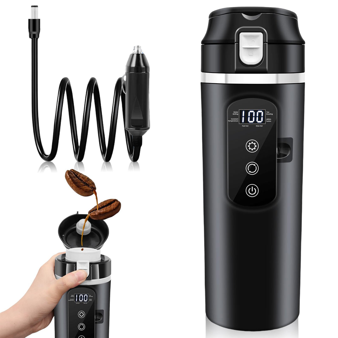 Auto Heizbecher Wasserkocher, Fahrzeugbeheizter 12V/24V Wasserkocher für Auto, 500ml, Auslaufsicher,
