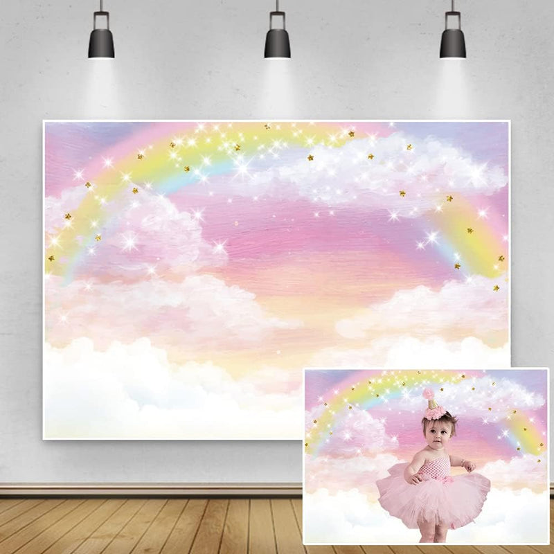 Renaiss 2.5x1.8m Regenbogen Himmel Hintergrund Wolke Glitzer Sterne Rosa Himmel Süsse Fotografie Hin